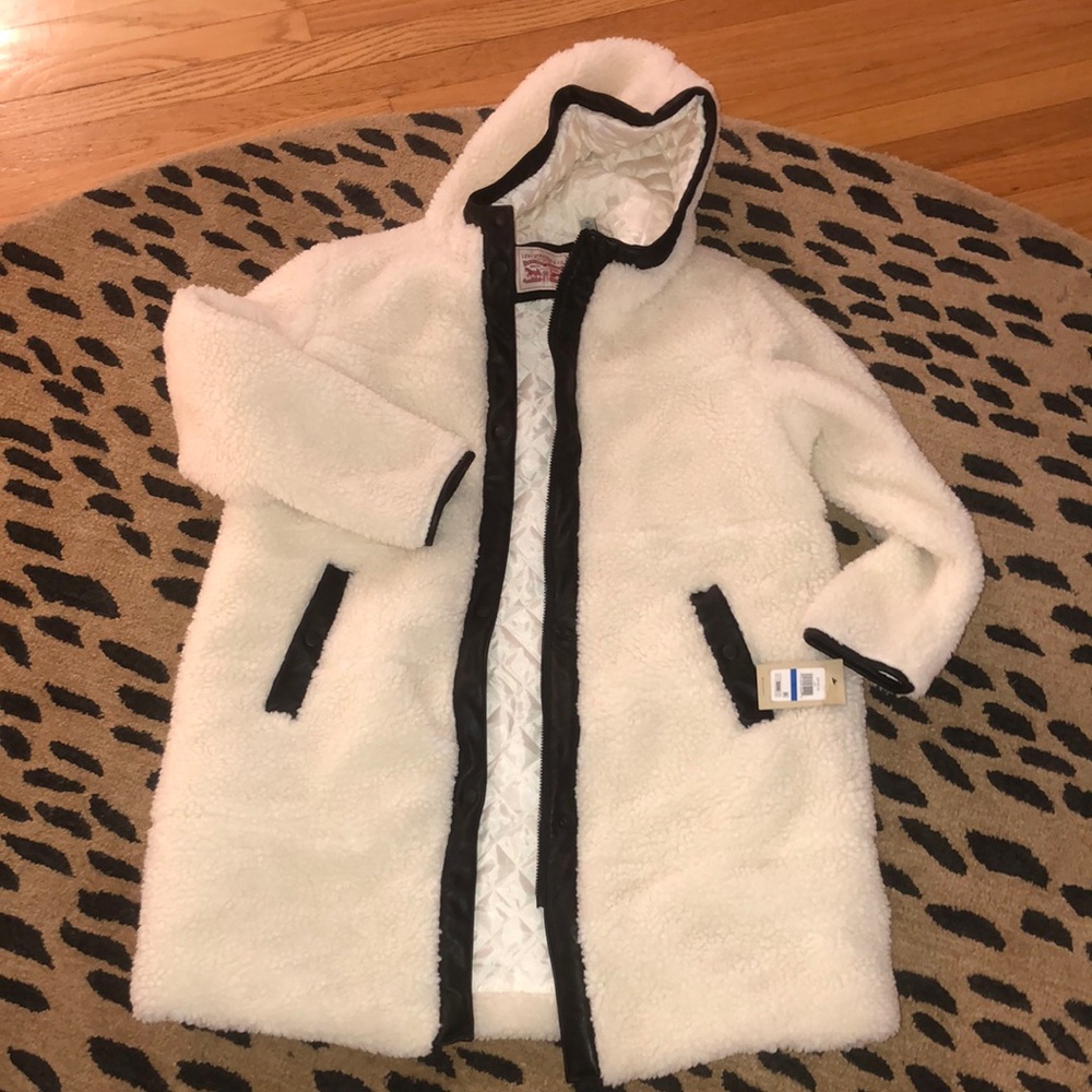 New Levi’s Cozy CreamHooded Coat with Faux Leather Black Trim